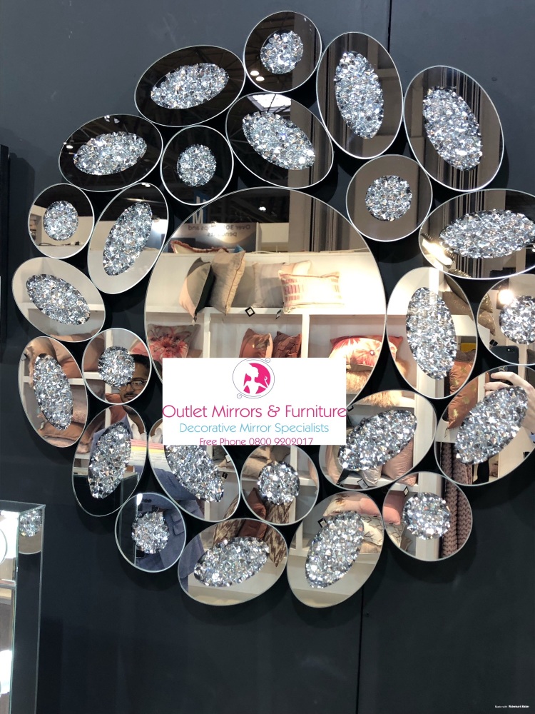 * New Diamond Crush Sparkle Round Wall Mirror 80cm dia  in stock for a fast delivery