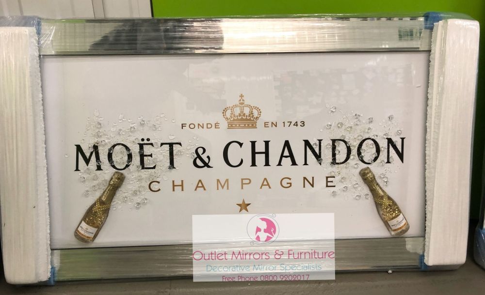 ** Moet champagne White and Gold Glitter 3d Bottle Art in a Mirrored Frame ** 114cm x 65cm