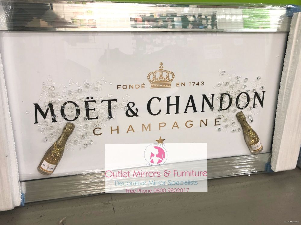 ** Moet champagne White and Gold Glitter 3d Bottle Art in a Mirrored Frame ** 114cm x 65cm