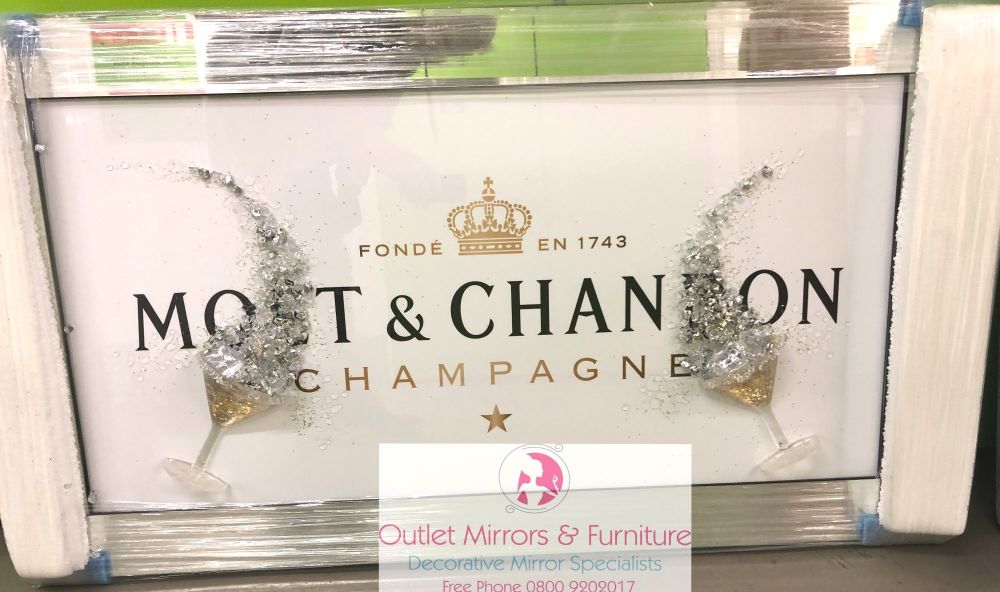 ** Moet Champagne White and Gold Glitter 3d Champagne Glasses Art in a Mirrored Frame ** 114cm x 65cm 