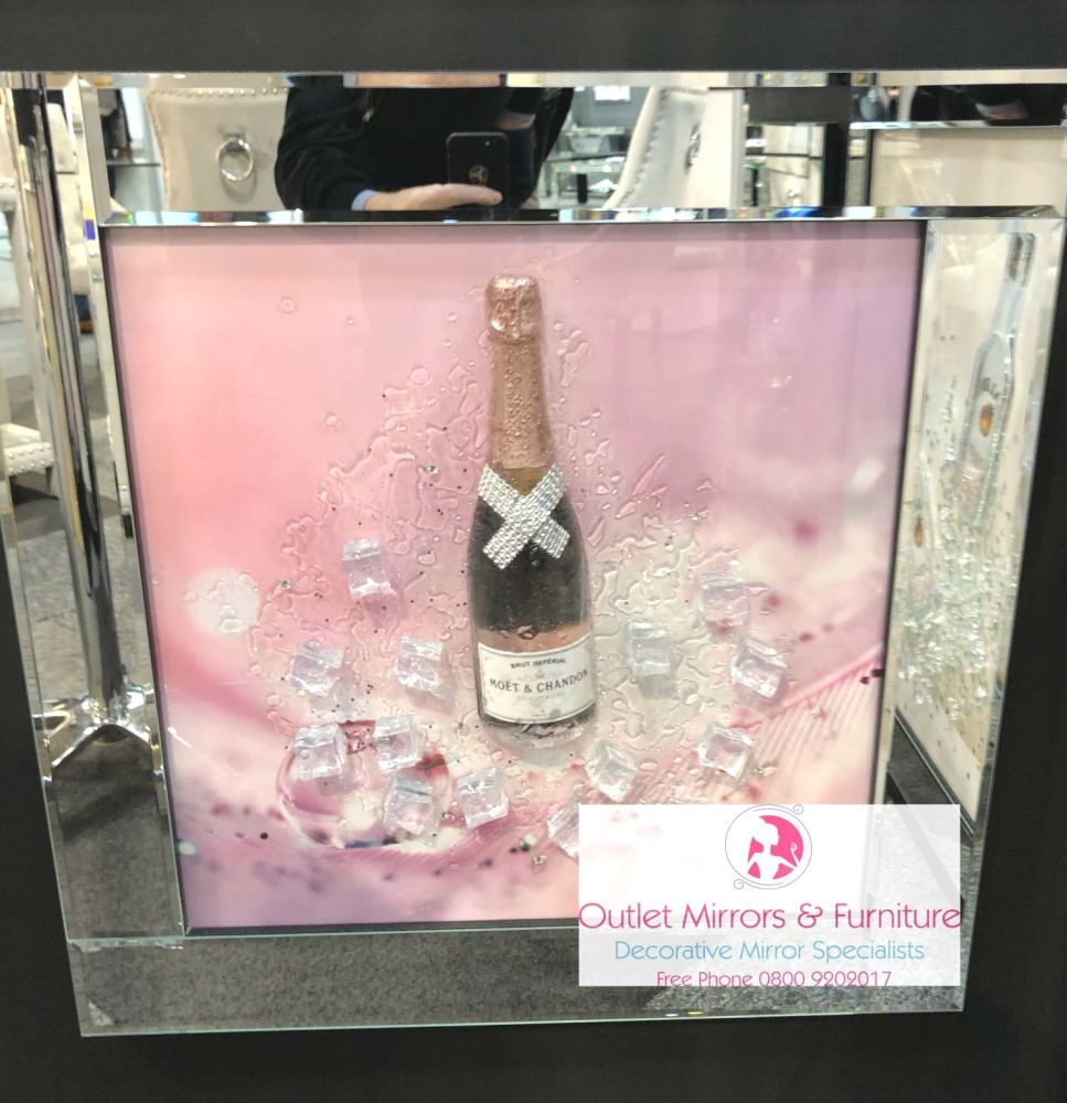 ** 3d Moet Pink Champagne Glitter Art Mirrored Frame ** 65cm  x 65cm 