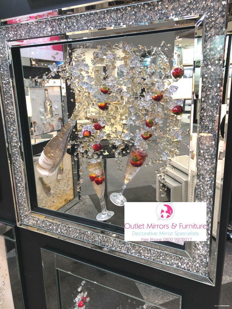 3D Moet & Strawberry Champagne Flutes wall art on a mirror background Diamond Crush frame