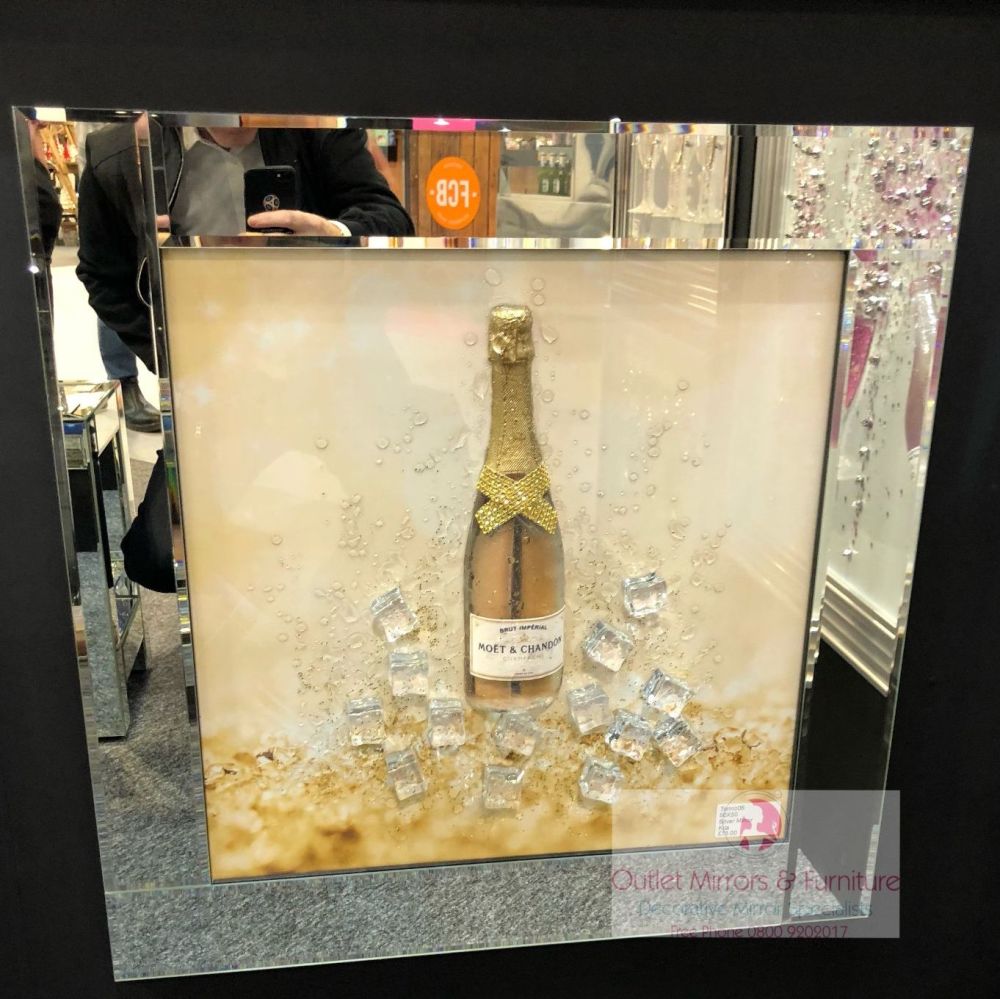 ** 3d Moet Champagne Glitter Art Mirrored Frame ** 65cm  x 65cm - in stock