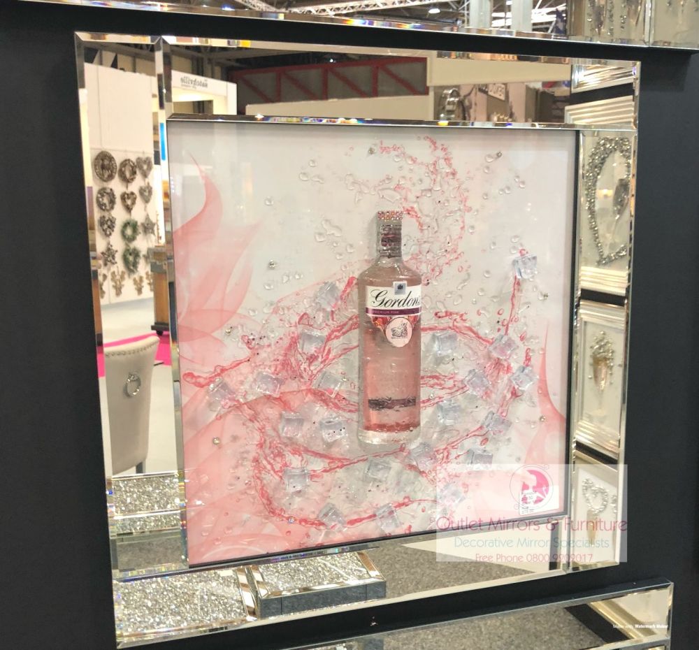 ** 3d Gordons Pink Gin Glitter Art Mirrored Frame ** 65cm  x 65cm
