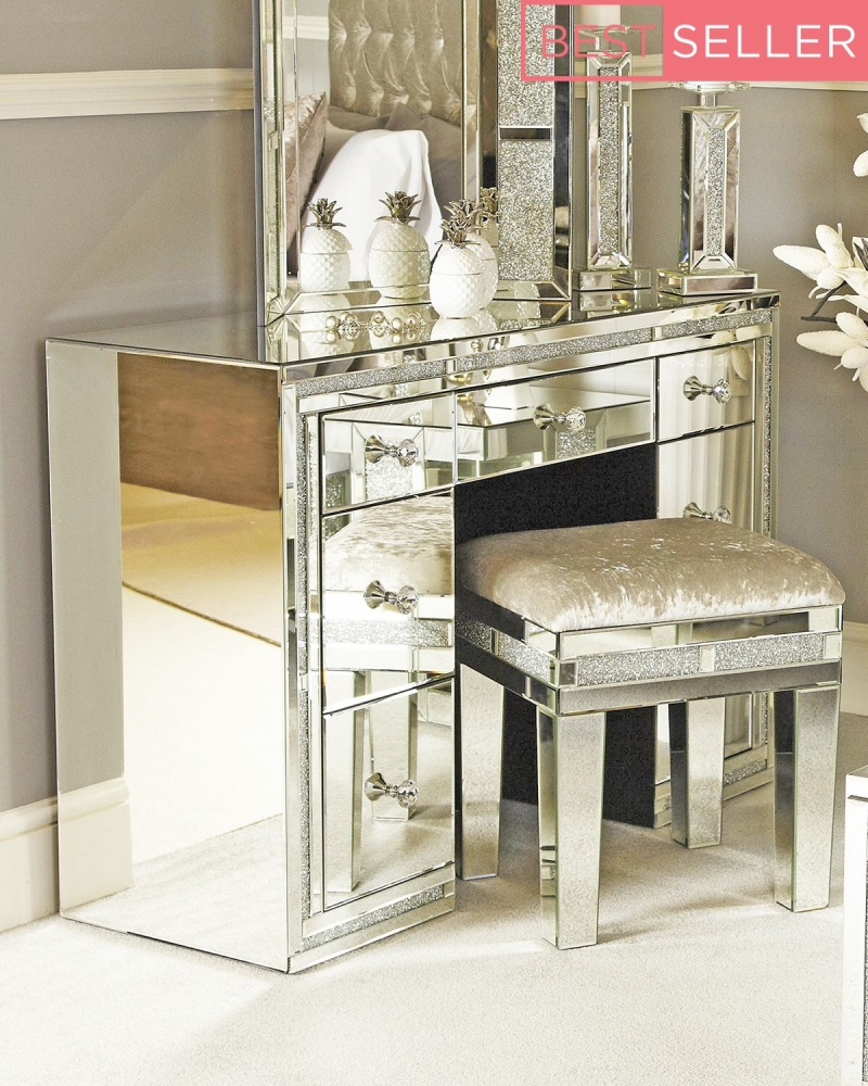 * Package deal Diamond Crush Crystal Sparkle Mirrroed Milano 7 draw Dressing Table / Desk Stool and Tri Fold Mirror