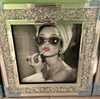 "Audrey Hepburn Glamour Lady " Wall Art in a diamond crush frame in stock