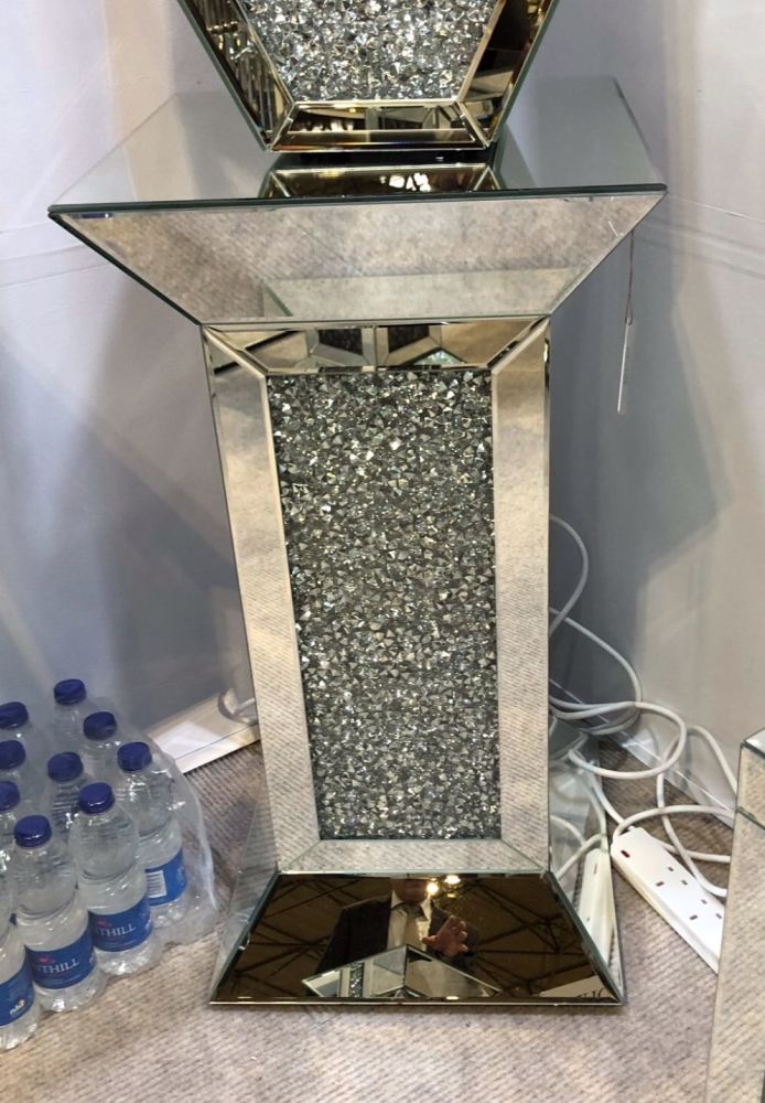 * New Diamond Crush Sparkle Crystal  Mirrored Pedestal Lamp Table 75cm x 40cm 