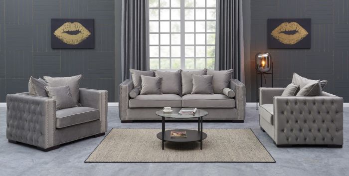 Moscow Package deal 3 Seater, 2 Seater & Armchair cushioned back buttoned sides in grey Velour