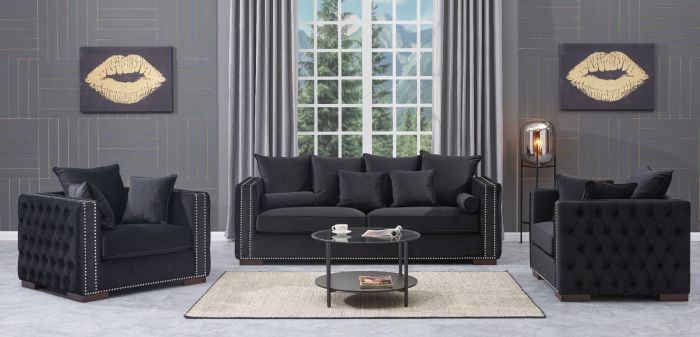 Moscow Package deal 3 Seater, 2 Seater & Armchair cushioned back buttoned sides in Black Velour