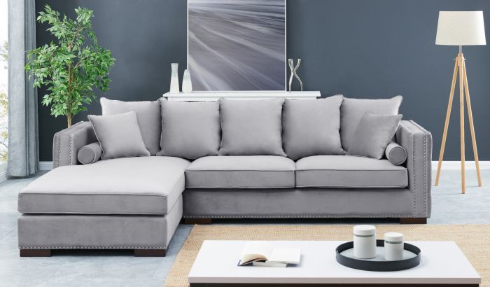 Moscow Left Hand Facing large Settee cushioned back buttoned sides in grey Velour