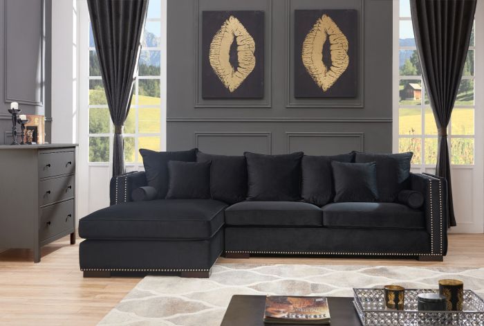 Moscow Left Hand Facing large Settee cushioned back buttoned sides in Black Velour
