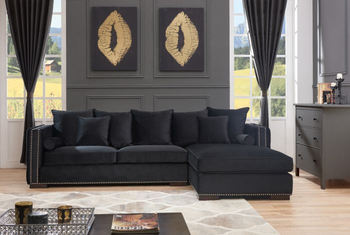 Moscow Right Hand Facing large Settee cushioned back buttoned sides in Black Velour