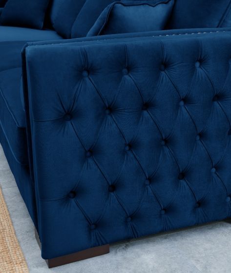 Moscow Left Hand Facing large Settee cushioned back buttoned sides in Blue Velour