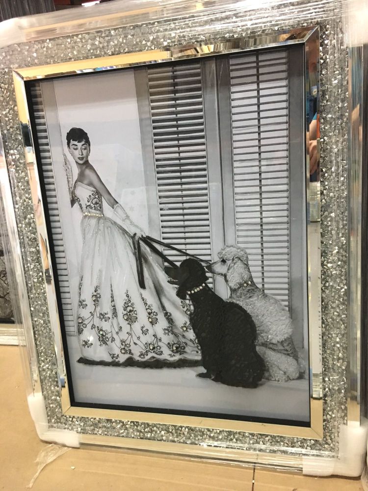 "Glamour Lady with Dogs " Wall Art in a diamond crush mirrored Frame