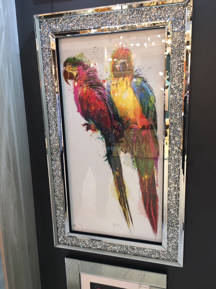 "Colourful Parrots" Wall Art in a diamond crush mirrored Frame
