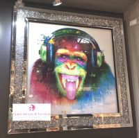 "Colourful DJ Monkey" Wall Art in a diamond crush mirrored Frame