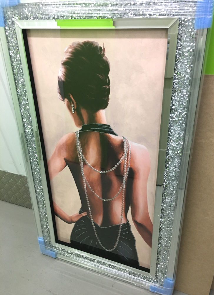 "Glamour Lady in Backless Dress" Wall Art in a diamond crush mirrored Frame