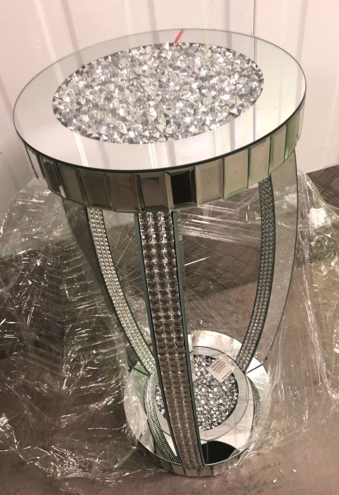 * Diamond Crush Sparkle Crystal round Mirrored Lamp Table with Mosaic trim