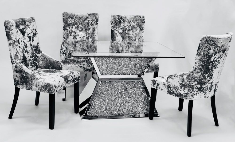 * Diamond Crush Sparkle Mirrored  Dining Table "Prism" 120cm medium & 4 Grey Crush Lion Back Chairs