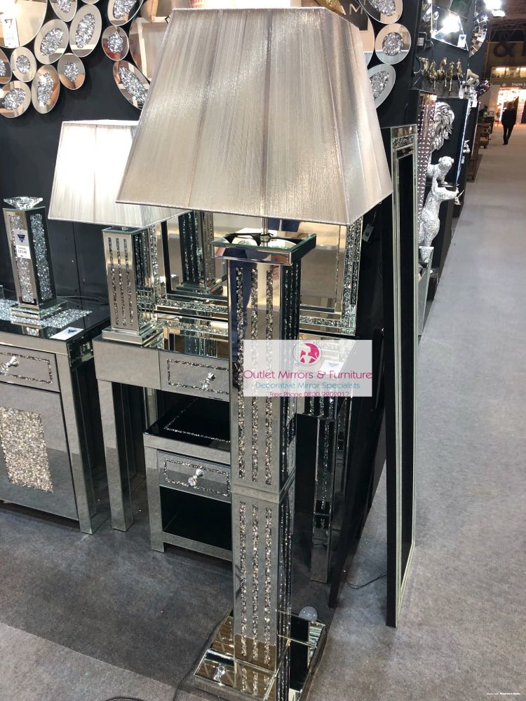 ^Diamond Crush Crystal Sparkle Mirrored lines Floor Lamp silver or white shade  30.5cm x 142cm in stock