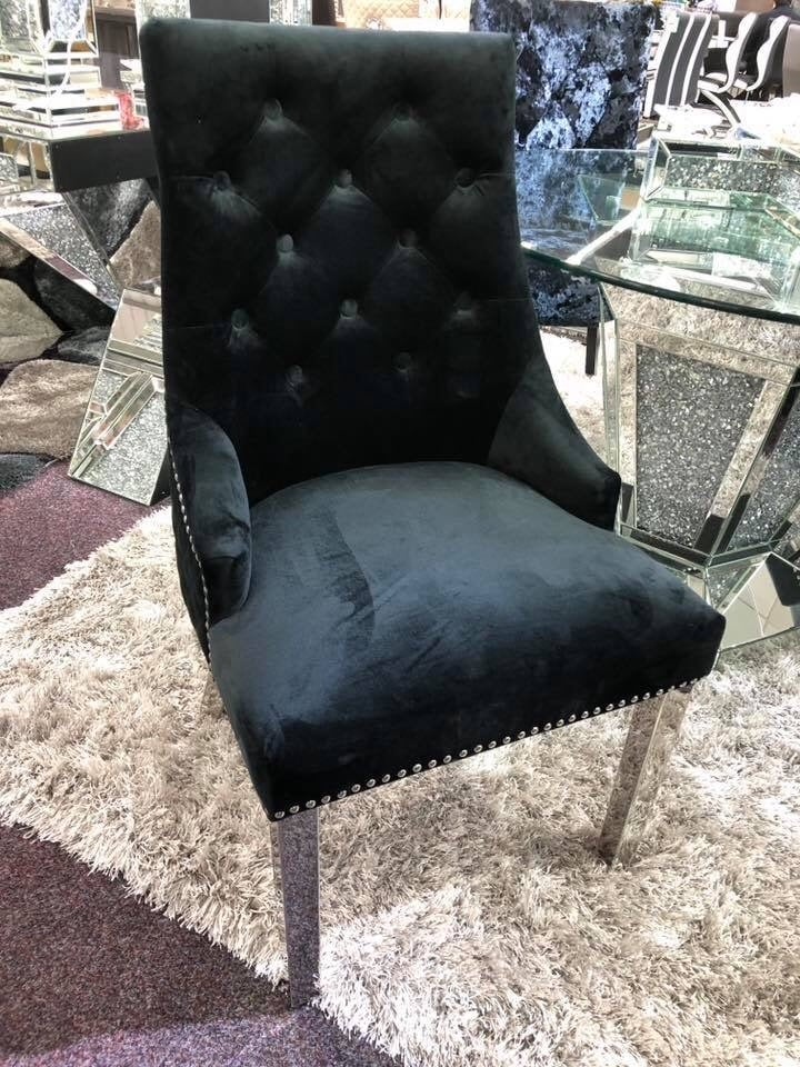 Majestic Lion Knocker Back Dining Chair Quilted Stitch Back Design in Black with Chrome Leg