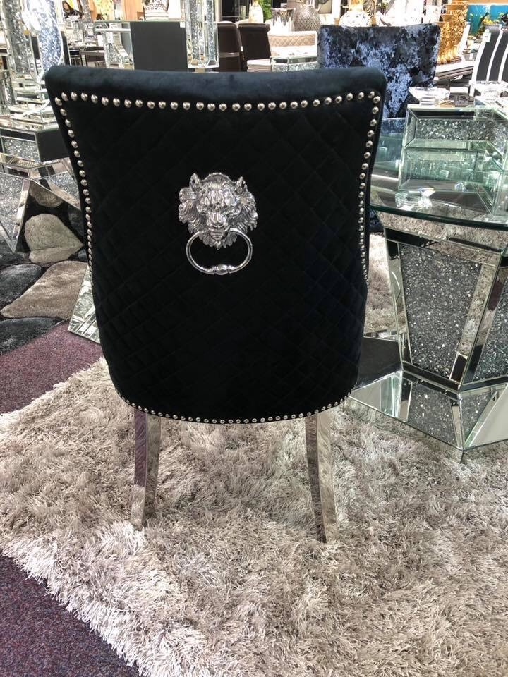 Majestic Lion Knocker Back Dining Chair Quilted Stitch Back Design in Black with Chrome Leg