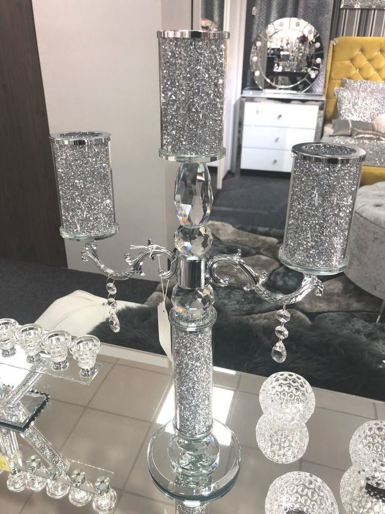 Set Of 2 Mirror Crushed Diamond Crystal Candle Sticks 53cm 65% Off RRP£49.99 Set 
