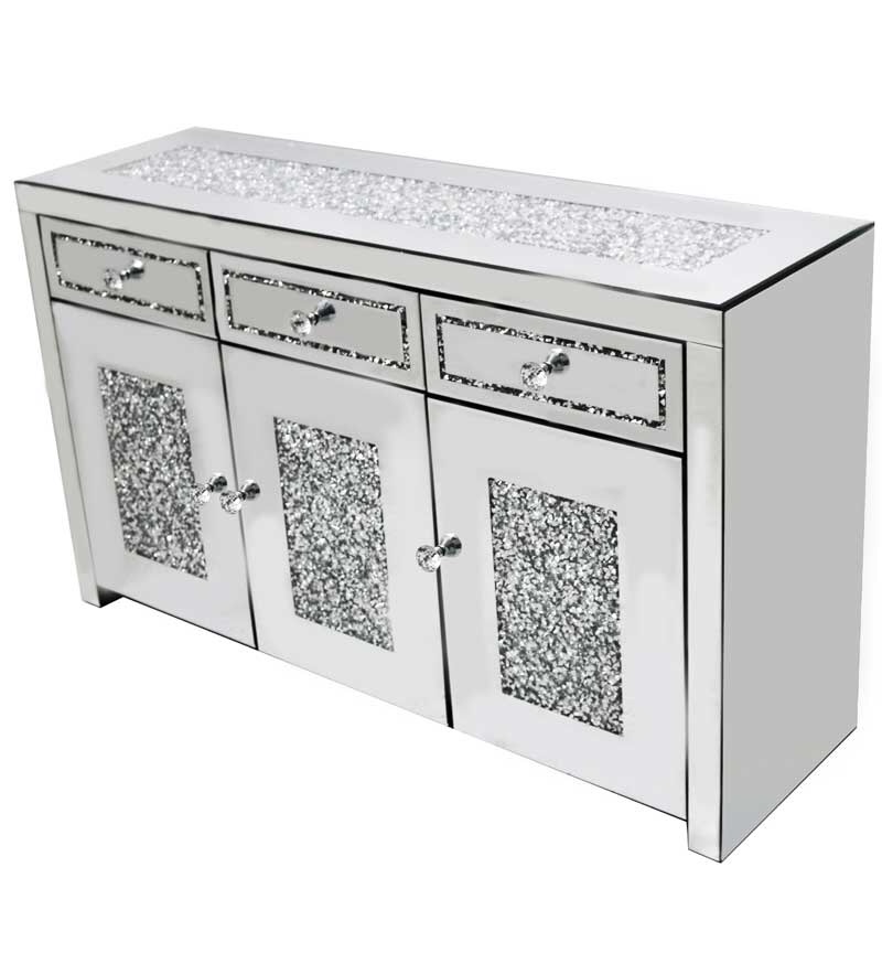 *Diamond Crush Sparkle Crystal Mirrored 3 draw 3 Door Sideboard with crystal Top 