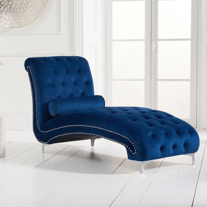 New England Velvet Button Studded Chaise in Royal Blue