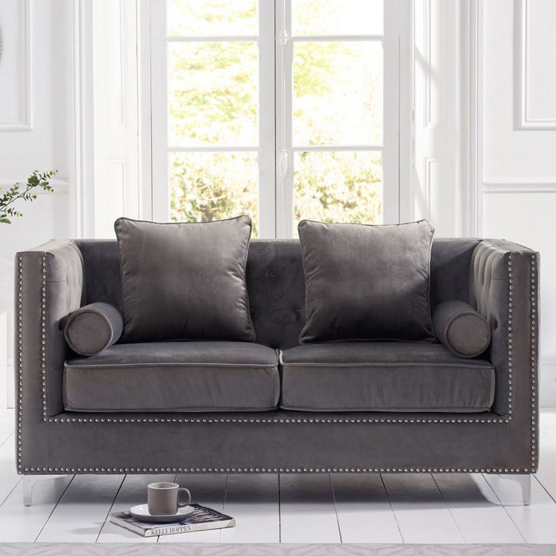 New England Velvet Button Studded 2 Seater Sofa in Grey