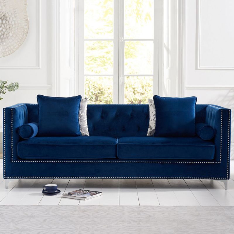New England Velvet Button Studded 4 Seater Sofa in Royal Blue