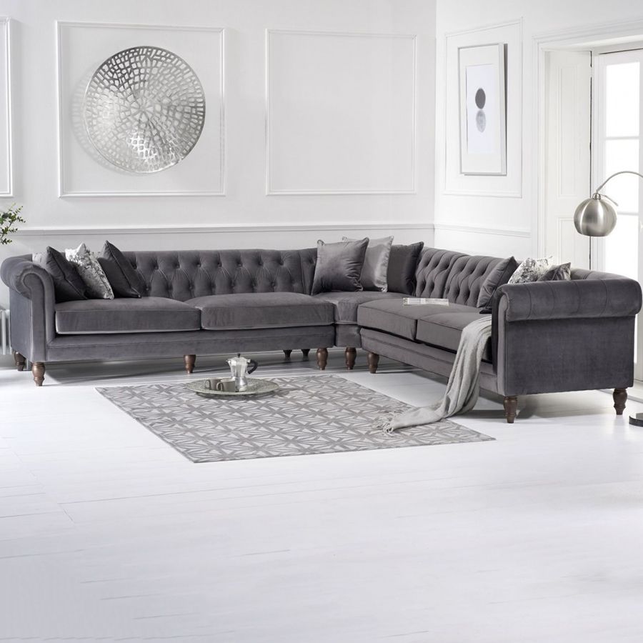 Lauren Velvet Chesterfield Corner Group Sofa in Grey