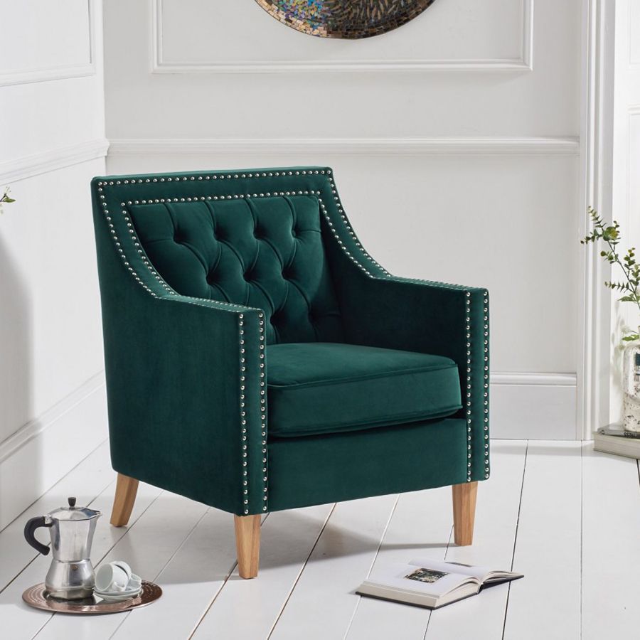 Casa Bella Fabric Studded Buttoned Armchair in Ivory
