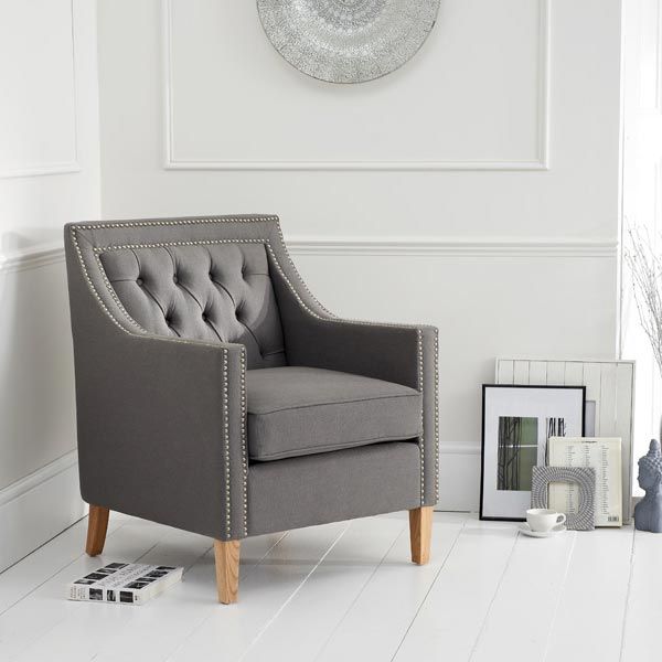 Casa Bella Fabric Studded Buttoned Armchair in Light Grey