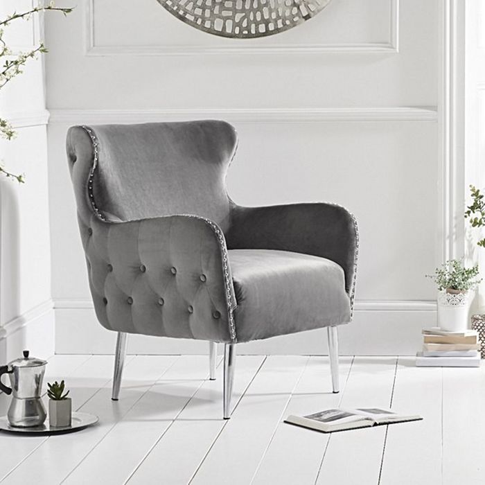 Bina Velvet Button Studded Armchair in Grey