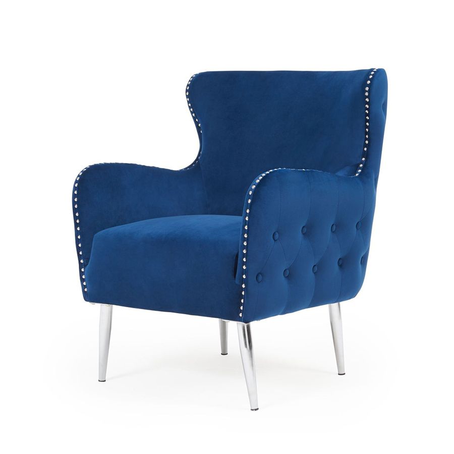 Bina Velvet Button Studded Armchair in Blue