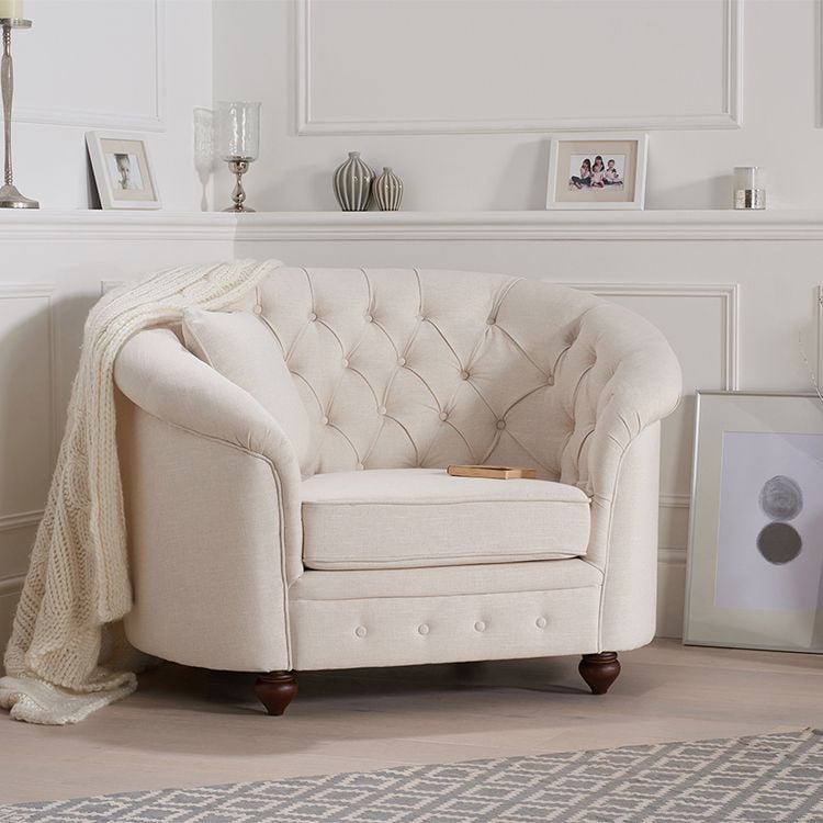 Chelsea Ivory Linen Buttoned Curved Chesterfield Armchair