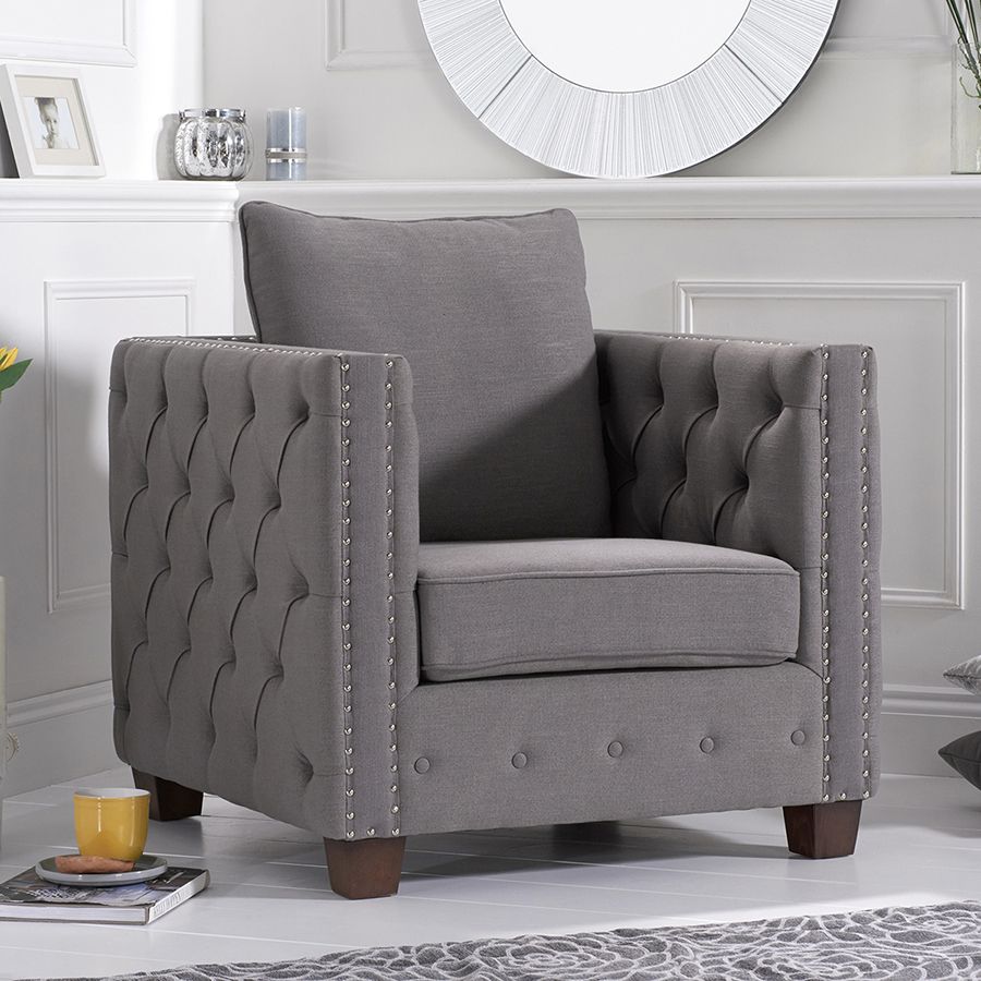 Ali Dark Light Grey Plush Buttoned Studded Armchair