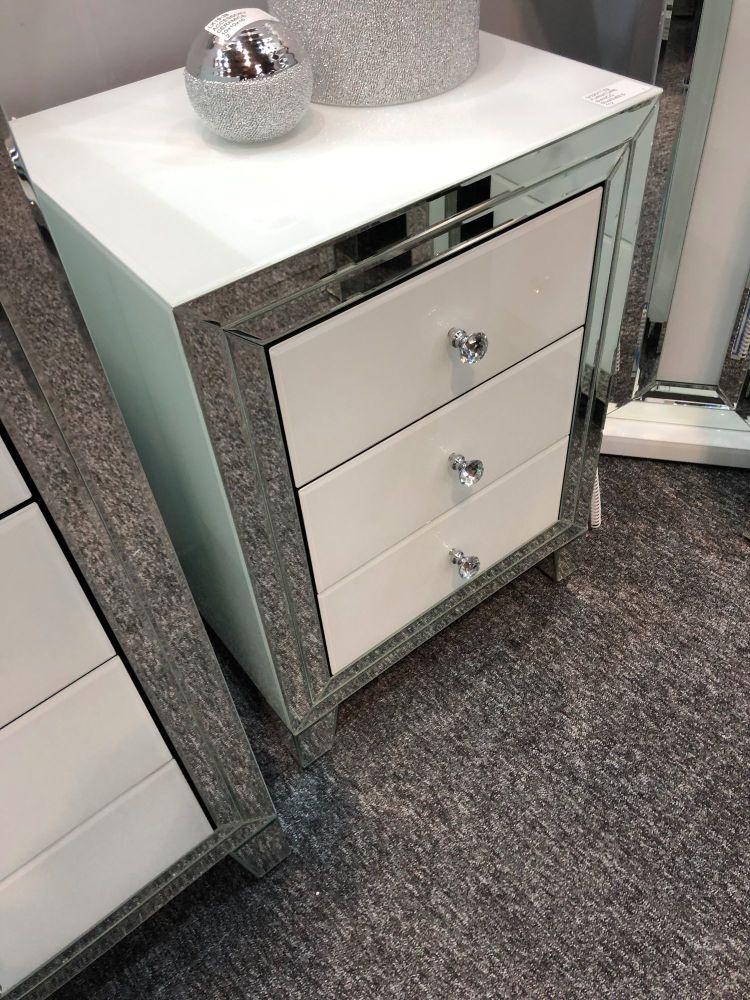 Bianco White & Mirrored 3 Draw Bedside chest