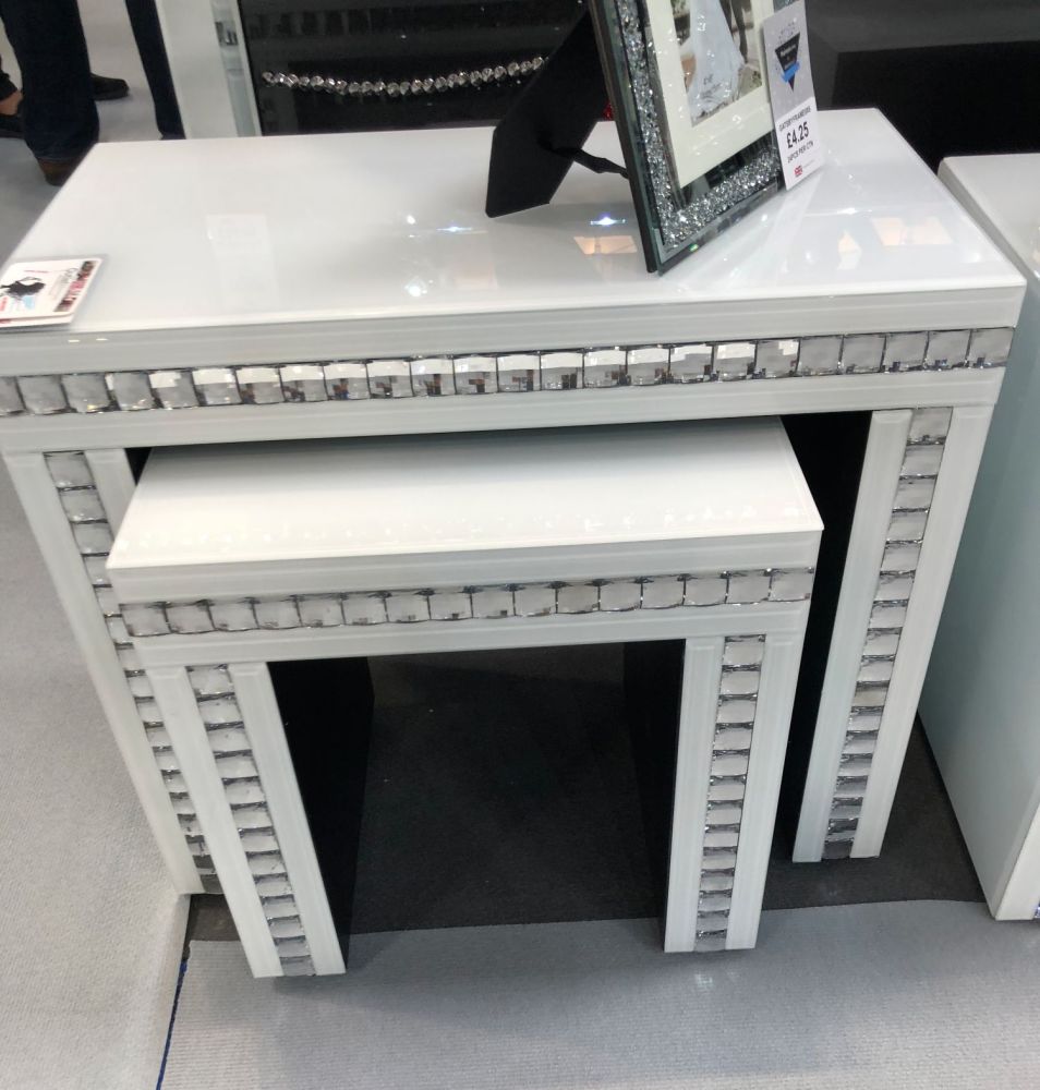 Crystal Border White Mirrored Nest of 2 Tables