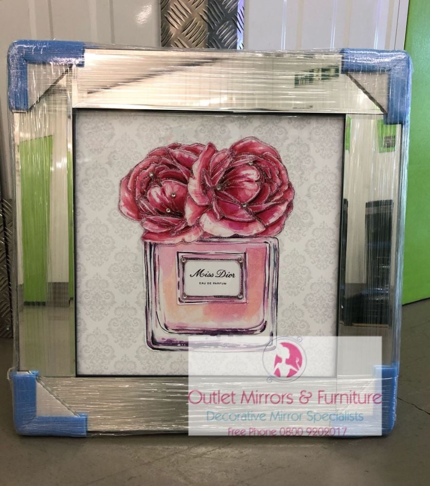 Mirror framed Sparkle Glitter Art "Miss Dior Red Roses" In stock for a fast delivery