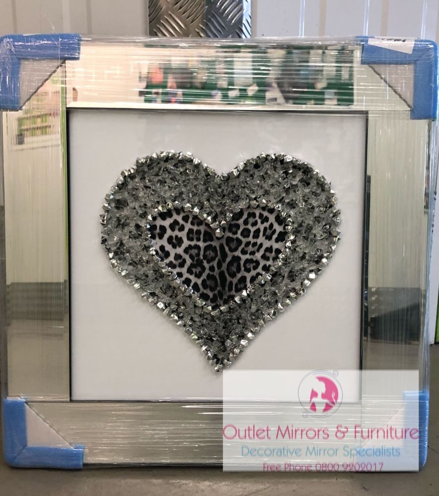 Leopard Skin Cluster Heart Mirror Framed sparkle Art 57cm x 57cm 