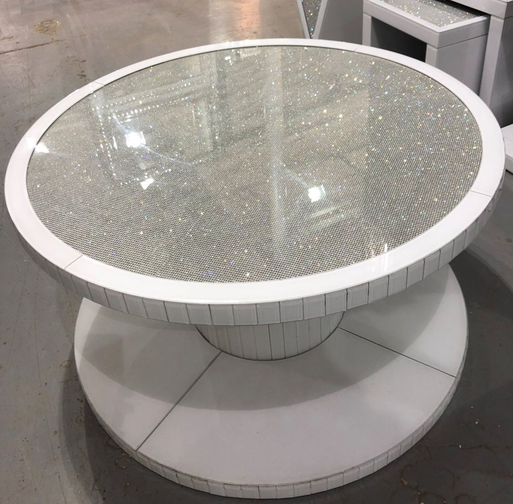 Glamour Sparkle White Round Mirrored Coffee Table 90cm Dia
