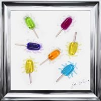 3D colourful Lollipops wall art on a white gloss background with a silver scoop frame in stock