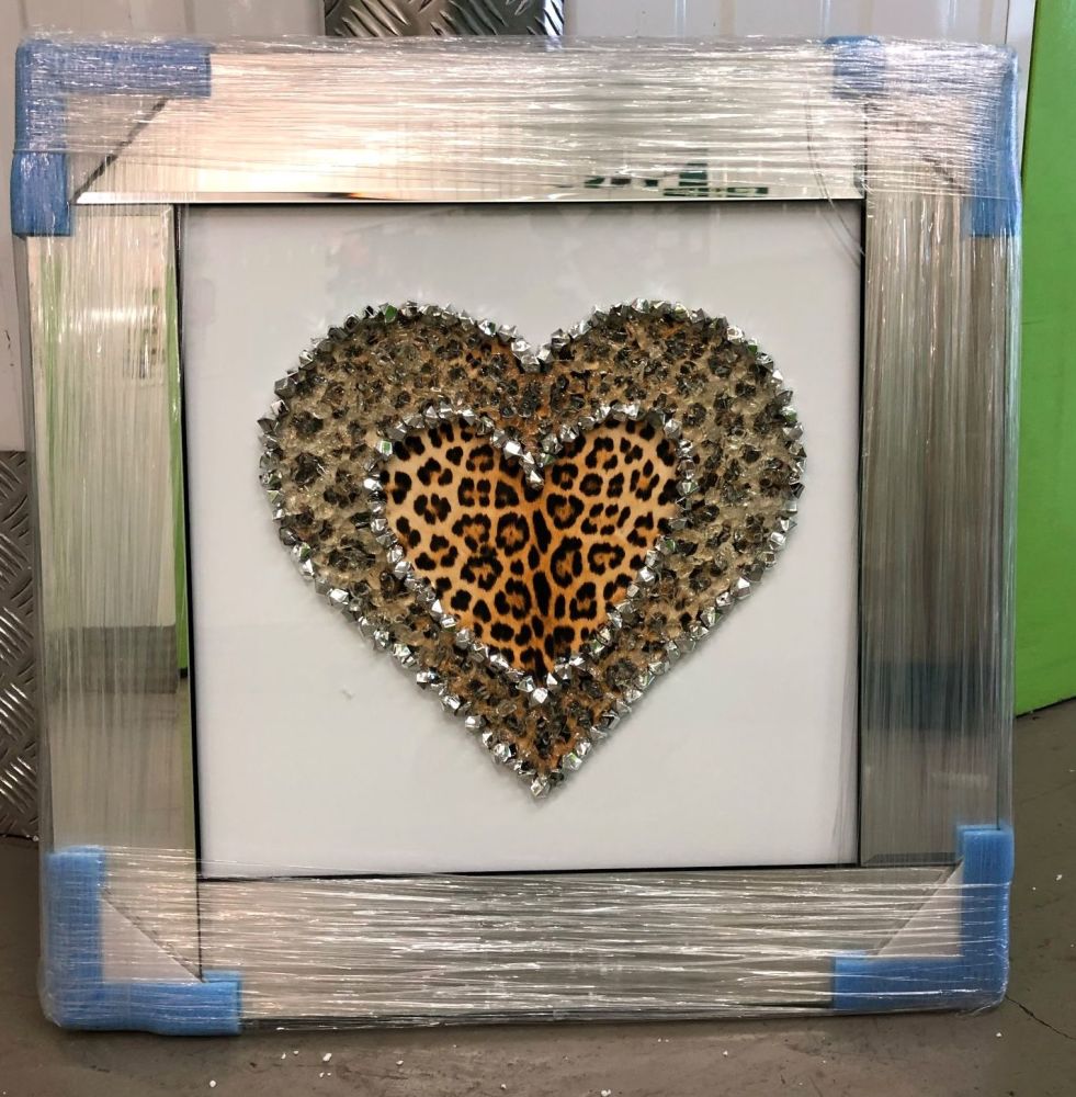 Leopard Skin Cluster Heart Mirror Framed sparkle Art Gold 57cm x 57cm 