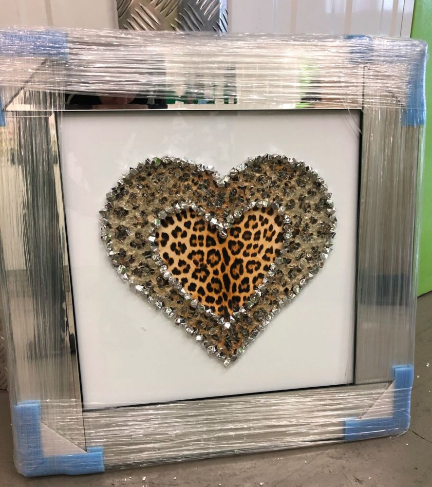 Mirror Framed Leopard Skin Cluster Heart Mirror Framed sparkle Art in stock