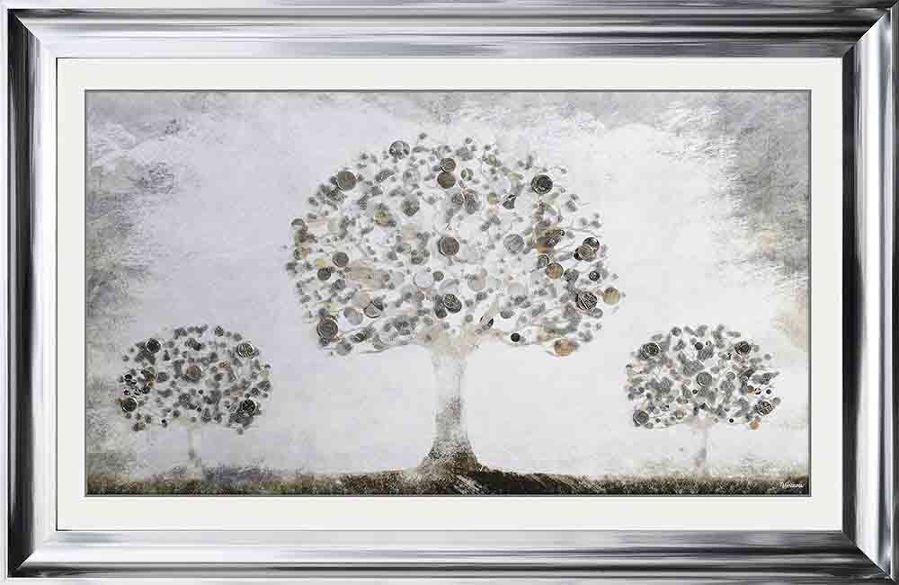 framed art print "Glitter Sparkle Money Trees" with real coins in a silver stepped frame 
