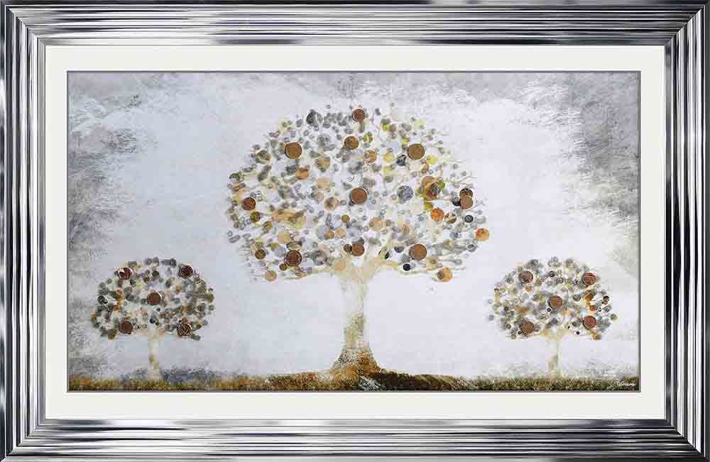 framed art print "Glitter Sparkle Copper Money Trees" with real coins in a silver stepped frame 