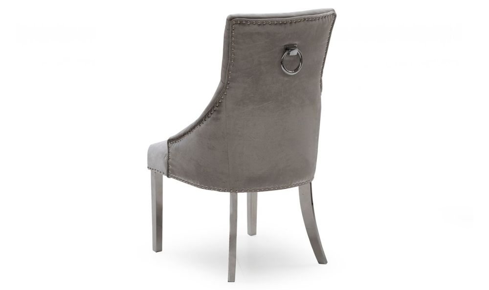 Knocker Back Crush Velvet Dining Chair in  Grey - Silver with chrome leg