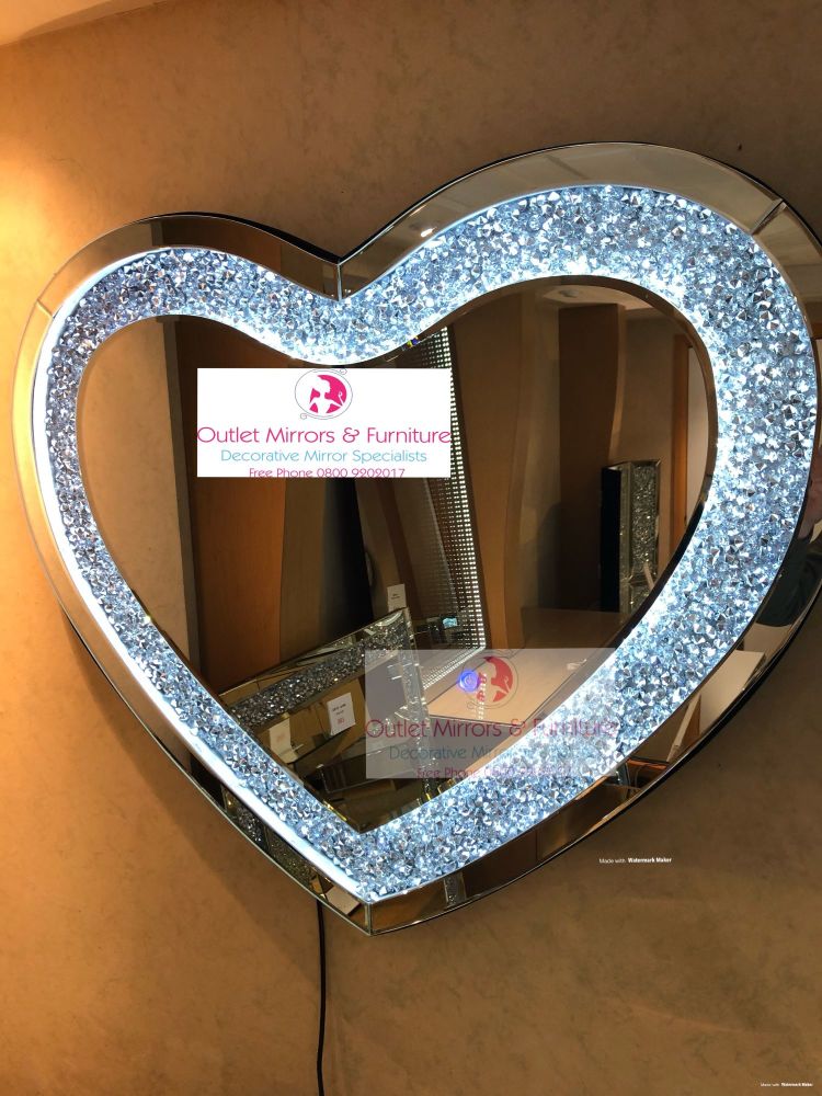* New Diamond Crush Sparkle LED Heart Wall Mirror 90cm x 70cm item in stock